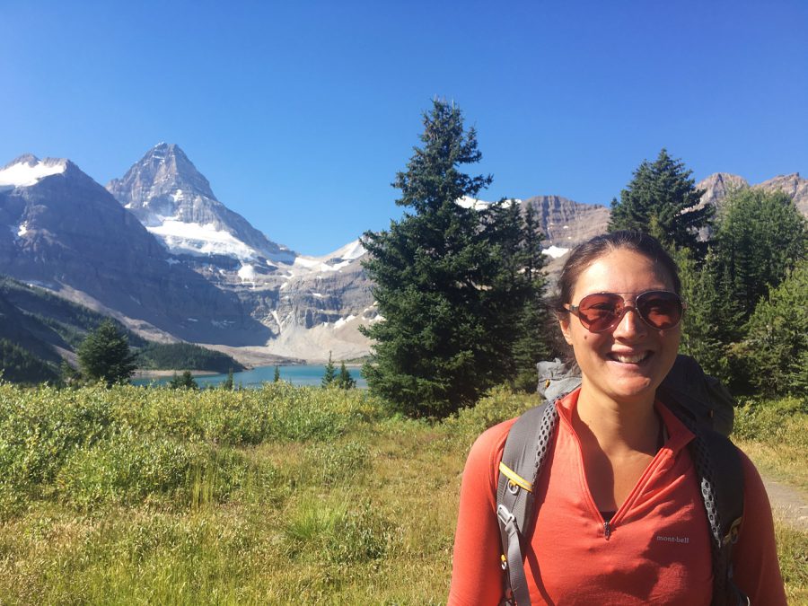 Liz with Mt. Assiniboine and Og Lake in the background. Photo by Naomi Hudetz
